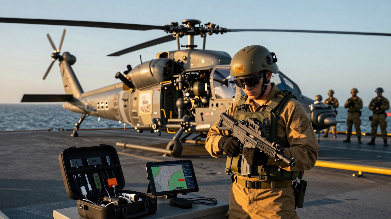 Soldado armado em frente a helicóptero no convés de um navio, com tablet mostrando mapa e mala de equipamentos ao lado.