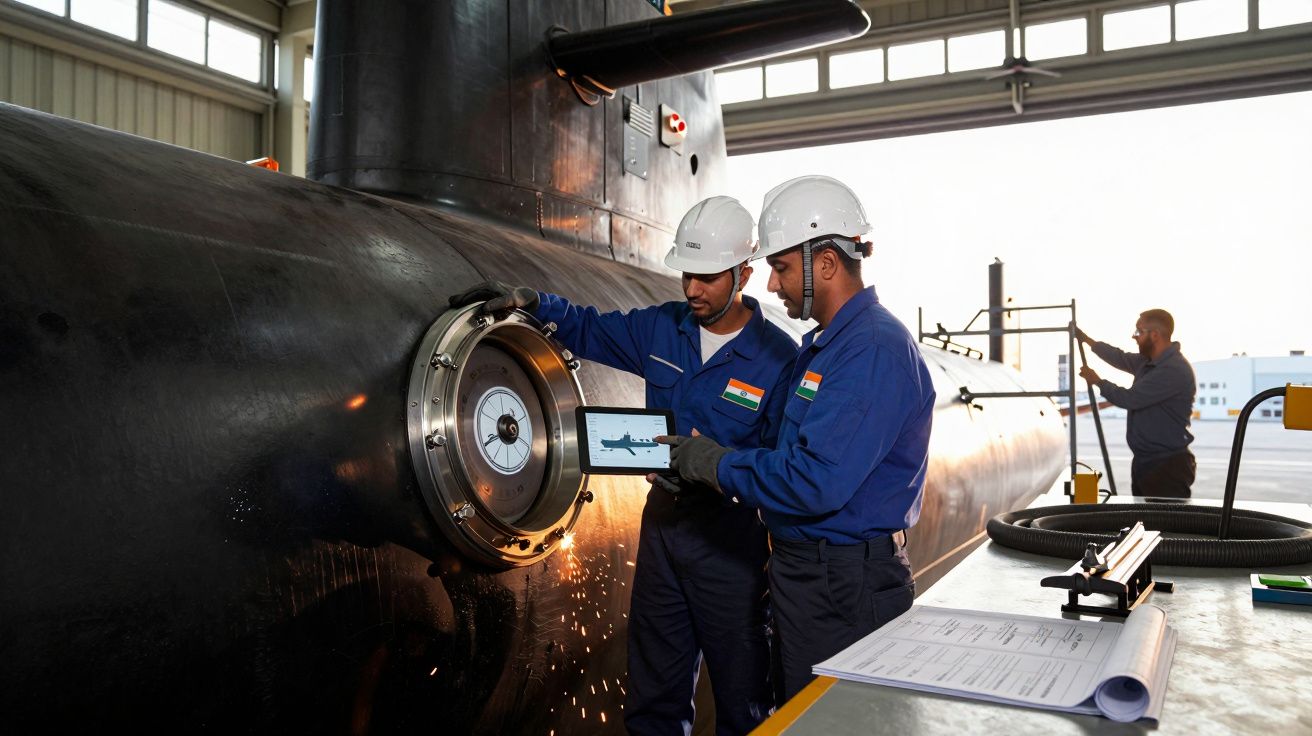 Dois técnicos com capacetes inspecionam um submarino em construção, usando um tablet.