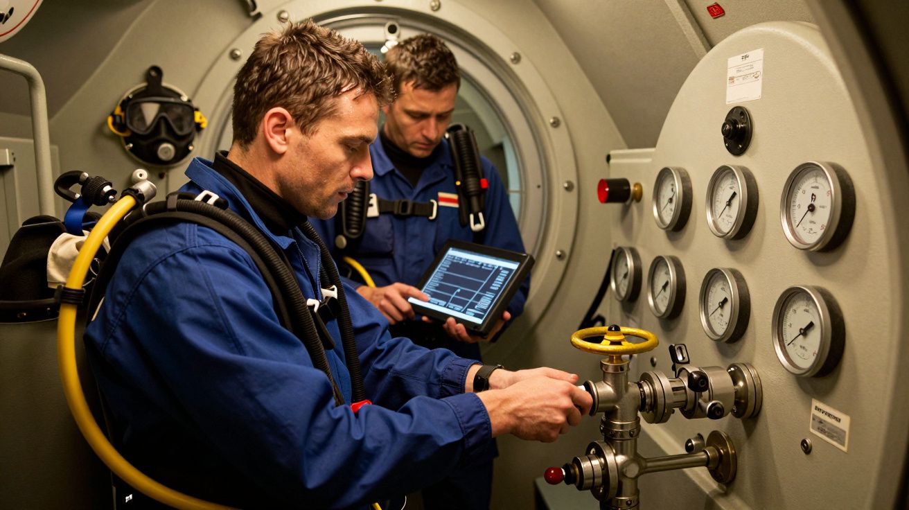 Dois homens em fato de mergulho ajustam válvulas numa câmara de pressão, usando um tablet para monitorização.
