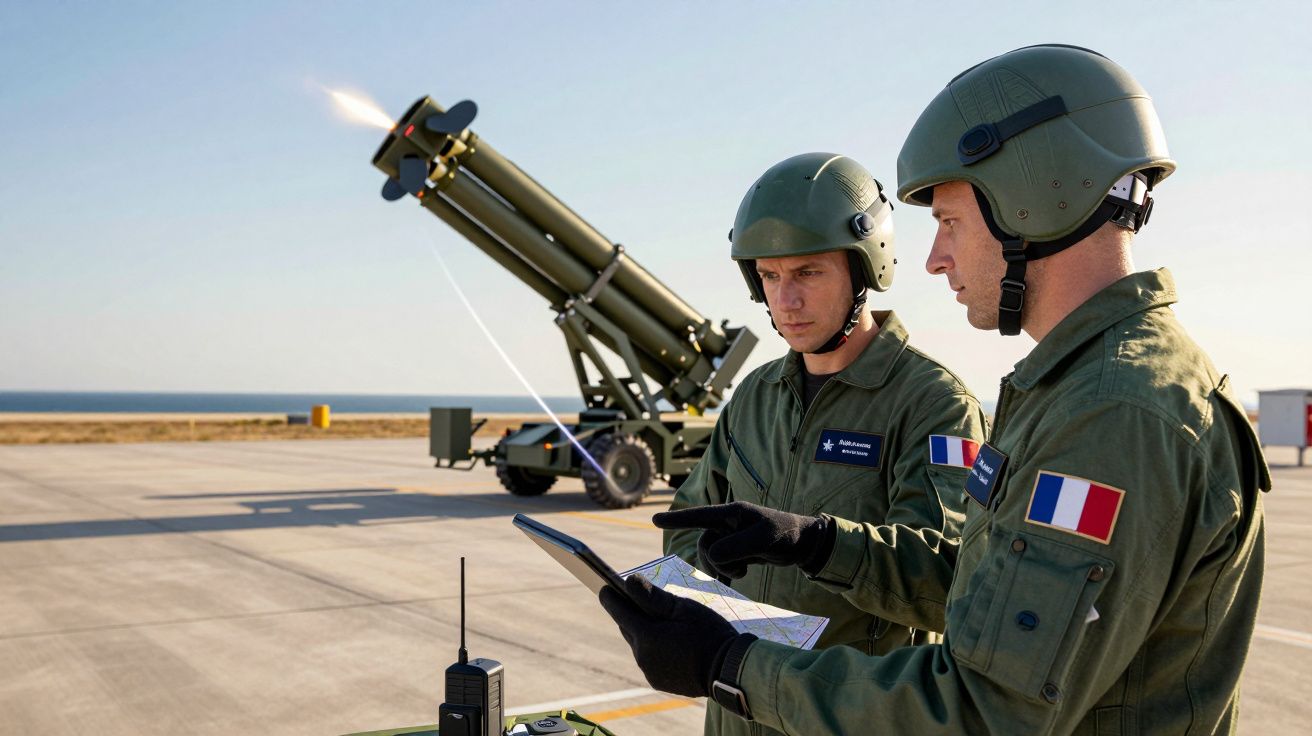 Dois soldados de capacete monitorizam disparos de míssil em base aérea perto do oceano.
