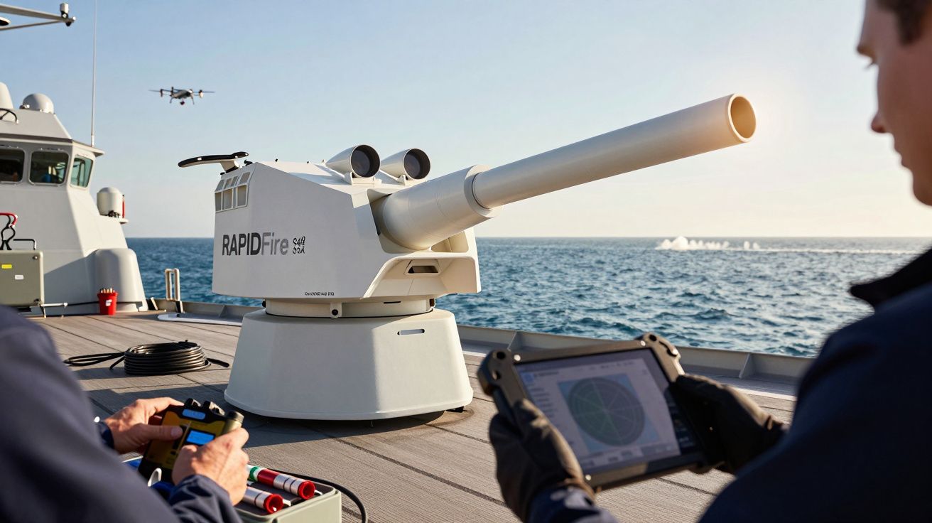 Sistema de defesa naval numa plataforma de navio, com operadores a controlarem com dispositivos e um drone ao fundo.