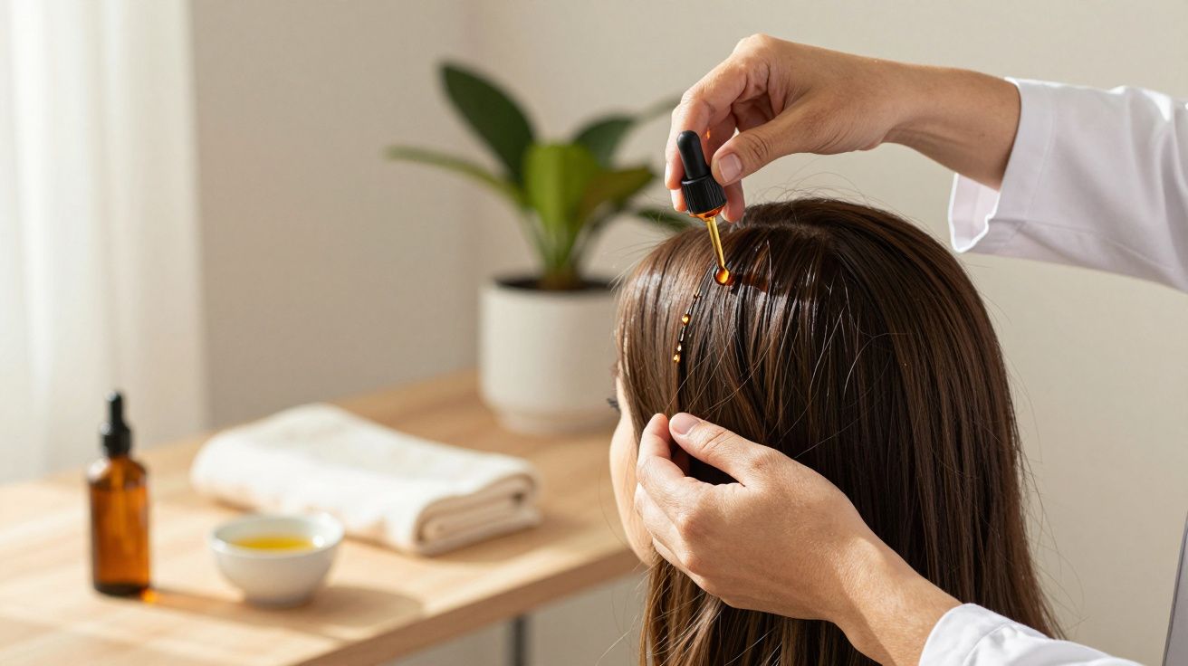 Pessoa aplica óleo no couro cabeludo de uma mulher; mesa ao fundo com toalha e planta.