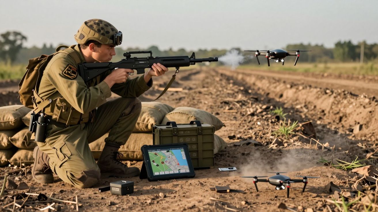 Soldado armado ajoelhado num campo com drones, tablet para navegação e equipamento militar ao redor.