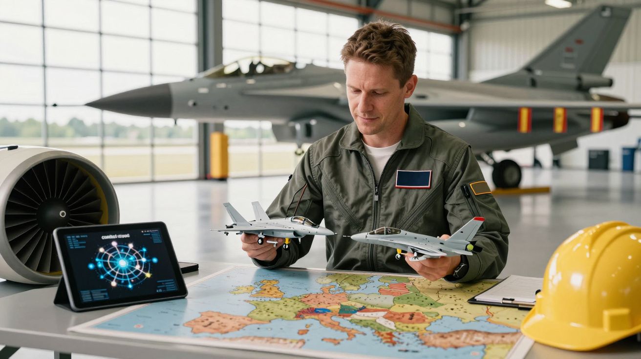 Homem em hangar analisa modelos de aviões sobre mapa e tablet. Avião de combate em segundo plano. Capacete amarelo à direita.