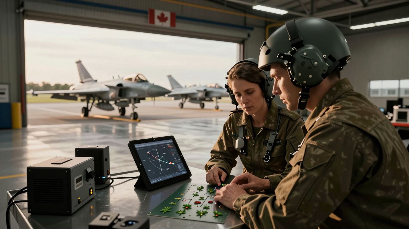 Dois militares planeiam uma missão num hangar, com aviões de caça ao fundo.