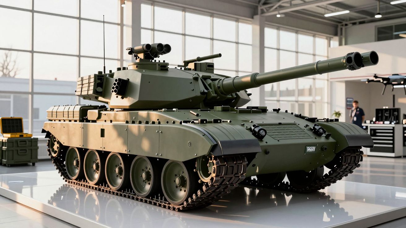 Tanque militar verde exibido em um espaço interior iluminado, com janelas grandes ao fundo.