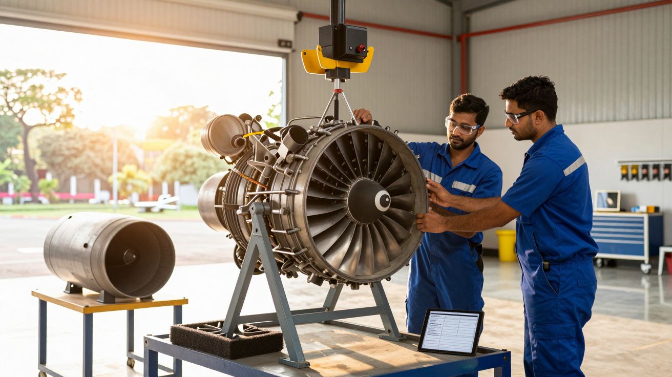 Dois engenheiros analisam motor a jato em oficina iluminada pelo sol, com ferramentas e bancada ao fundo.