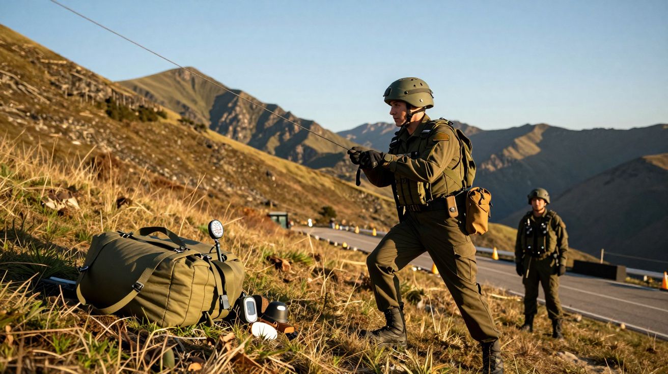 Soldados equipados montam equipamento ao lado de uma estrada em paisagem montanhosa ao pôr do sol.