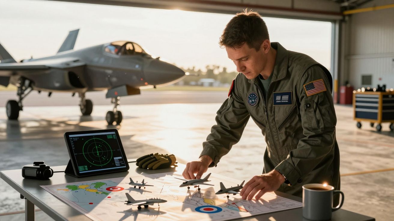 Piloto militar planeia missão com modelos de aviões e mapas num hangar, com um caça e tablet ao fundo.