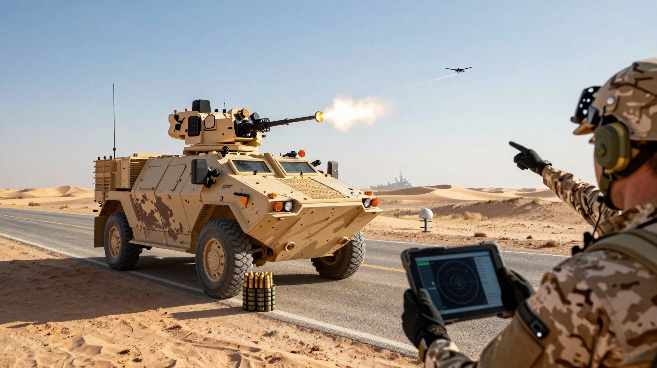 Veículo militar blindado no deserto dispara projétil enquanto um soldado aponta e segura um tablet.