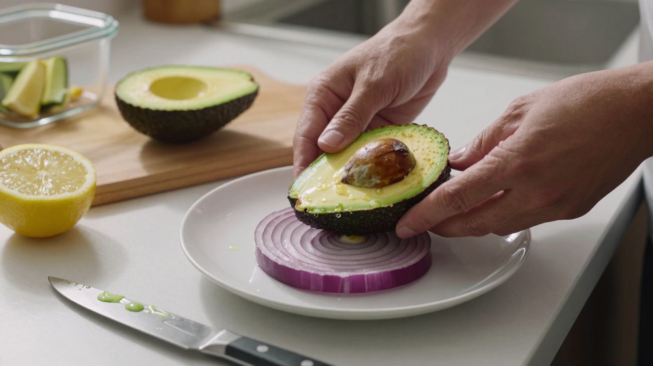 Mãos seguram abacate cortado ao meio sobre uma rodela de cebola numa bancada de cozinha, com limão ao lado.
