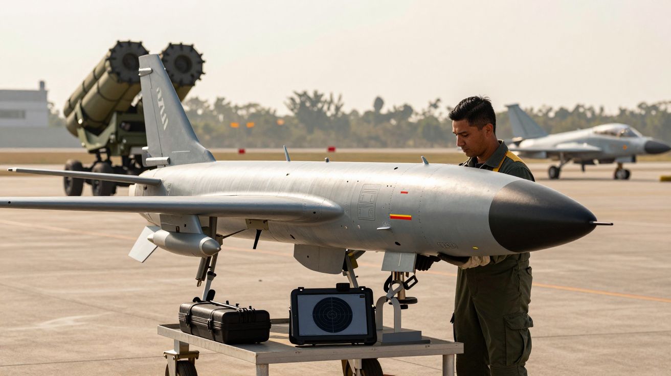 Homem em uniforme militar ajusta drone num aeroporto com avião de combate e lançador de mísseis ao fundo.