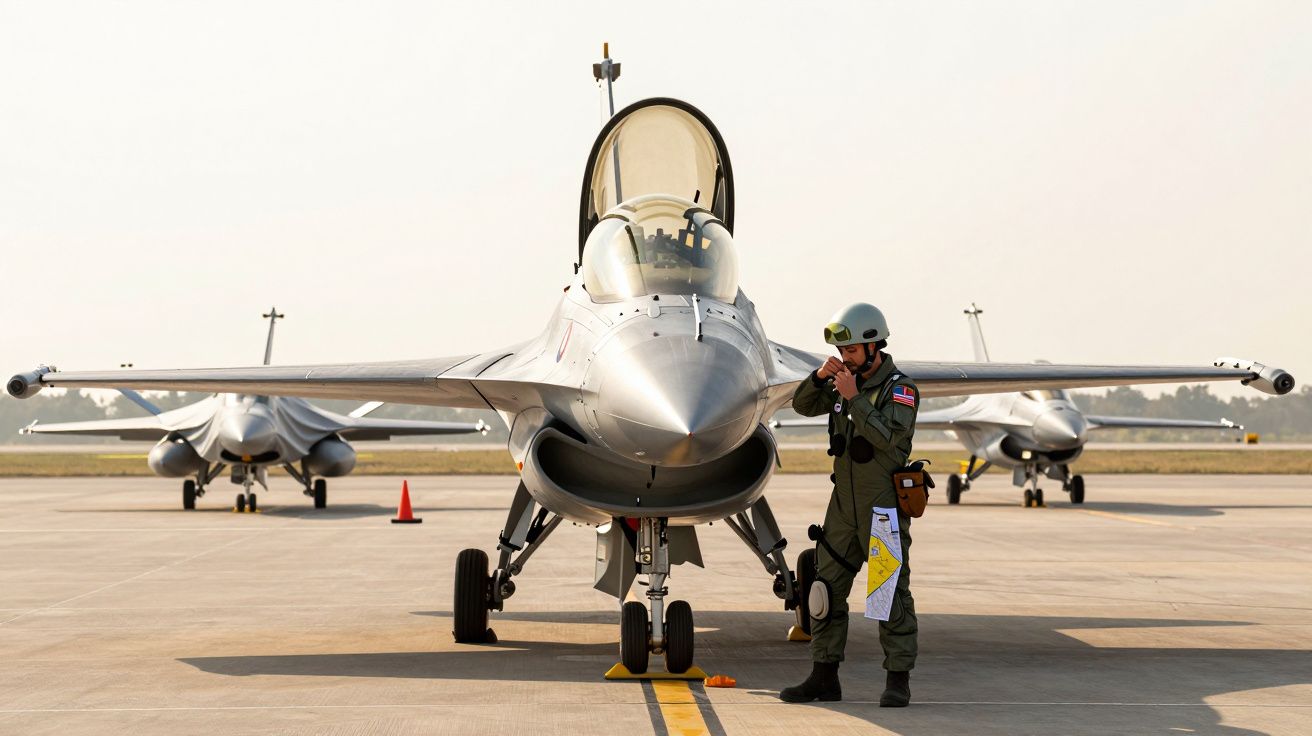 Piloto de pé ao lado de um caça a jato estacionado na pista, com mais dois aviões ao fundo.
