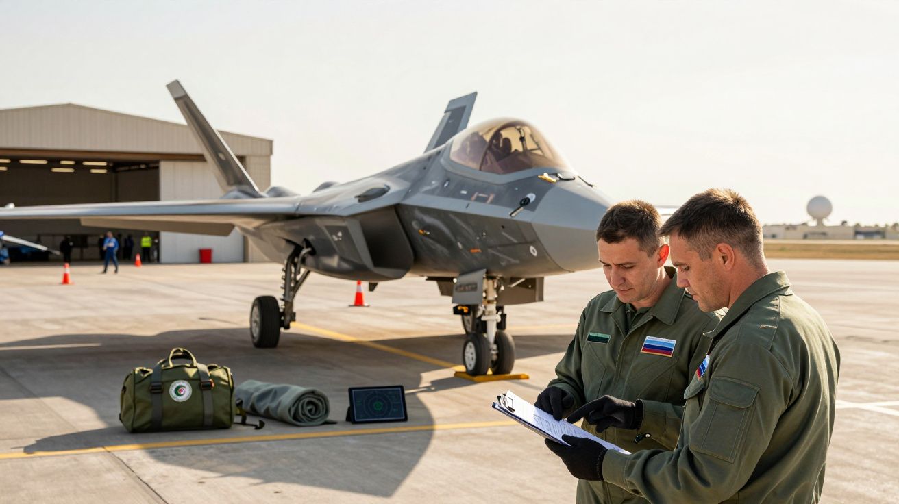 Dois pilotos em uniforme militar discutem junto a um caça moderno em uma pista de aeroporto.