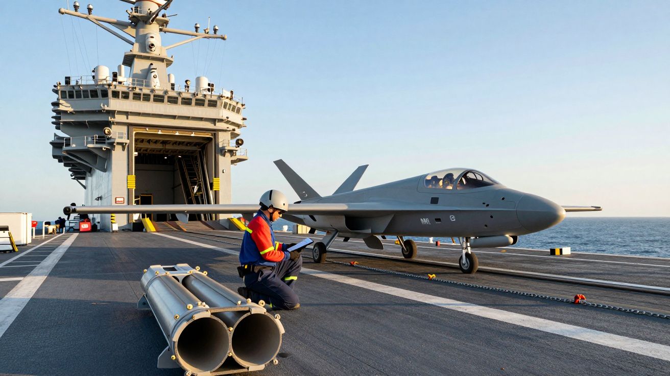Pessoa trabalha num porta-aviões com um jato cinza ao lado no amanhecer.