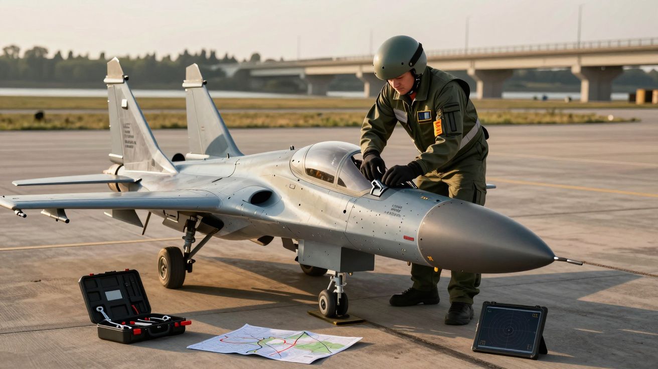 Piloto a ajustar um modelo de caça em miniatura numa pista, com ferramentas, mapa e tablet ao lado.
