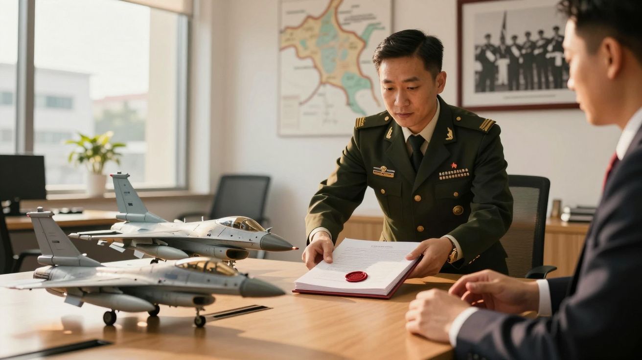 Oficial militar examina documento em escritório, com maquetes de aviões militares na mesa.