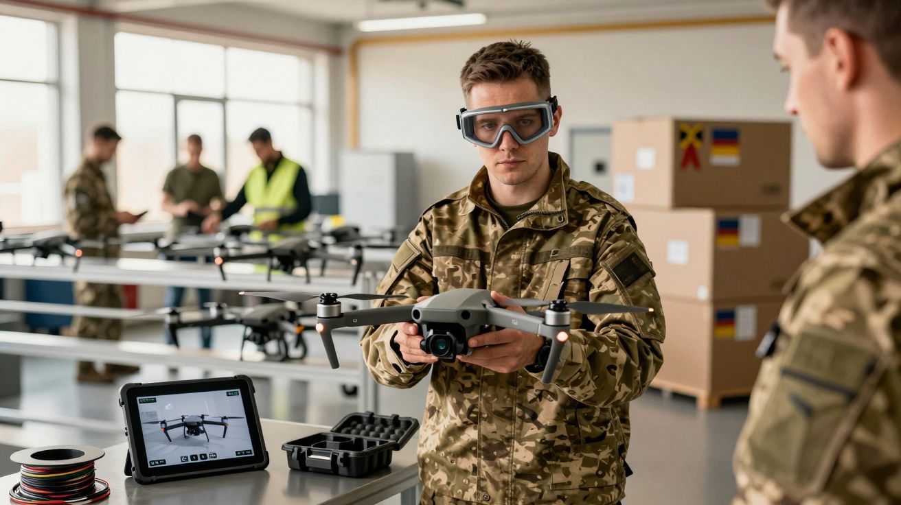 Homem em uniforme militar segura um drone em laboratório, com pessoas ao fundo e tablet à esquerda.