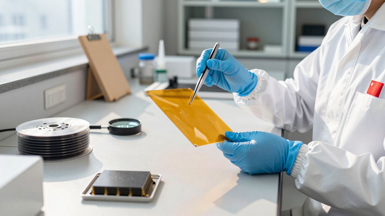 Cientista de bata e luvas azuis analisa filme plástico amarelo com pinça em laboratório.