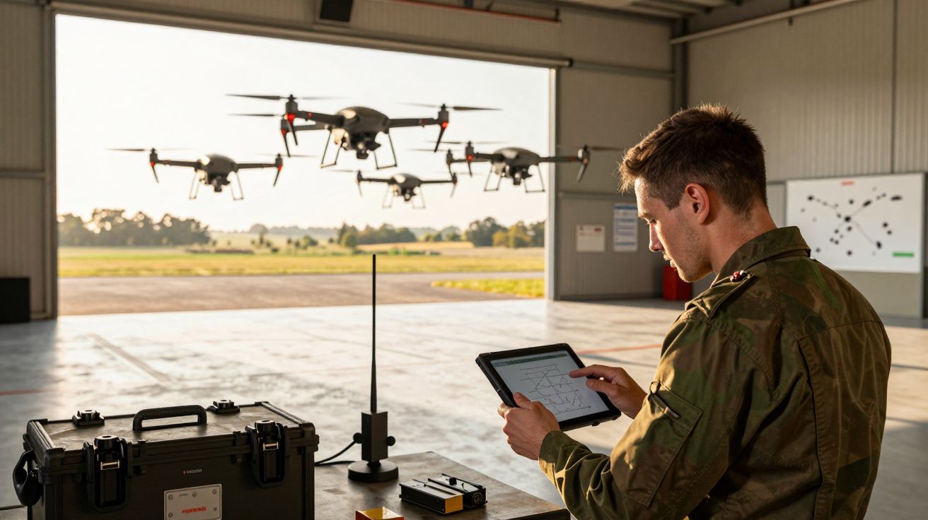 Homem numa hangar controlando drones que voam em formação, usando um tablet e equipamento eletrónico sobre a mesa.