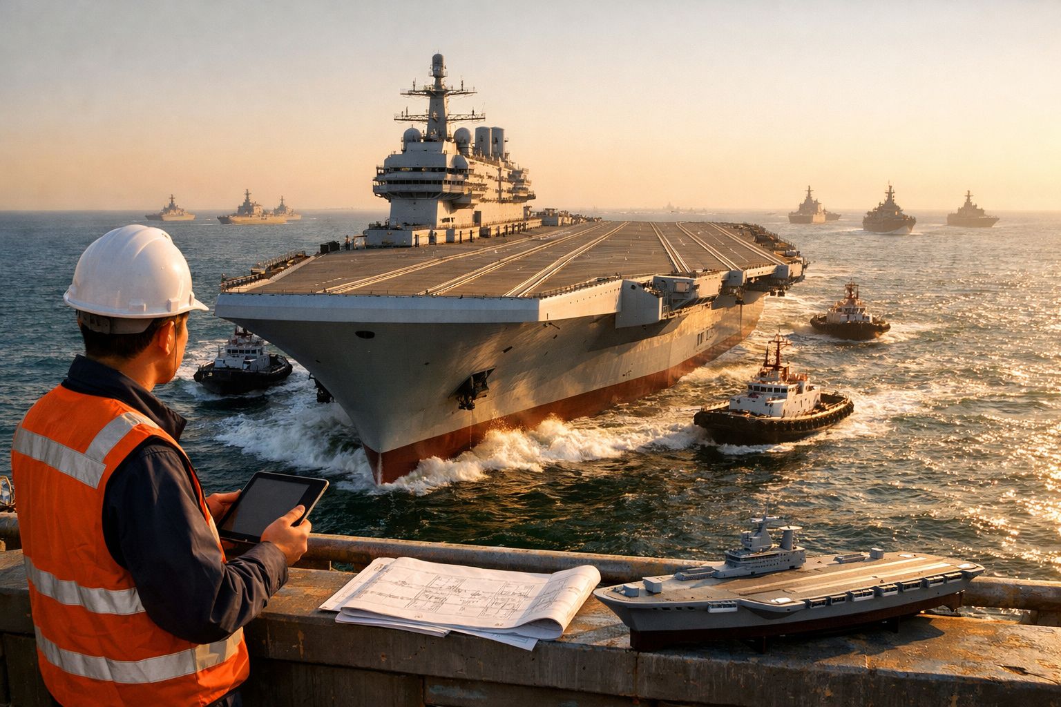 Porta-aviões em mar aberto, com navios ao fundo e dois marinheiros observando com binóculos em primeiro plano.