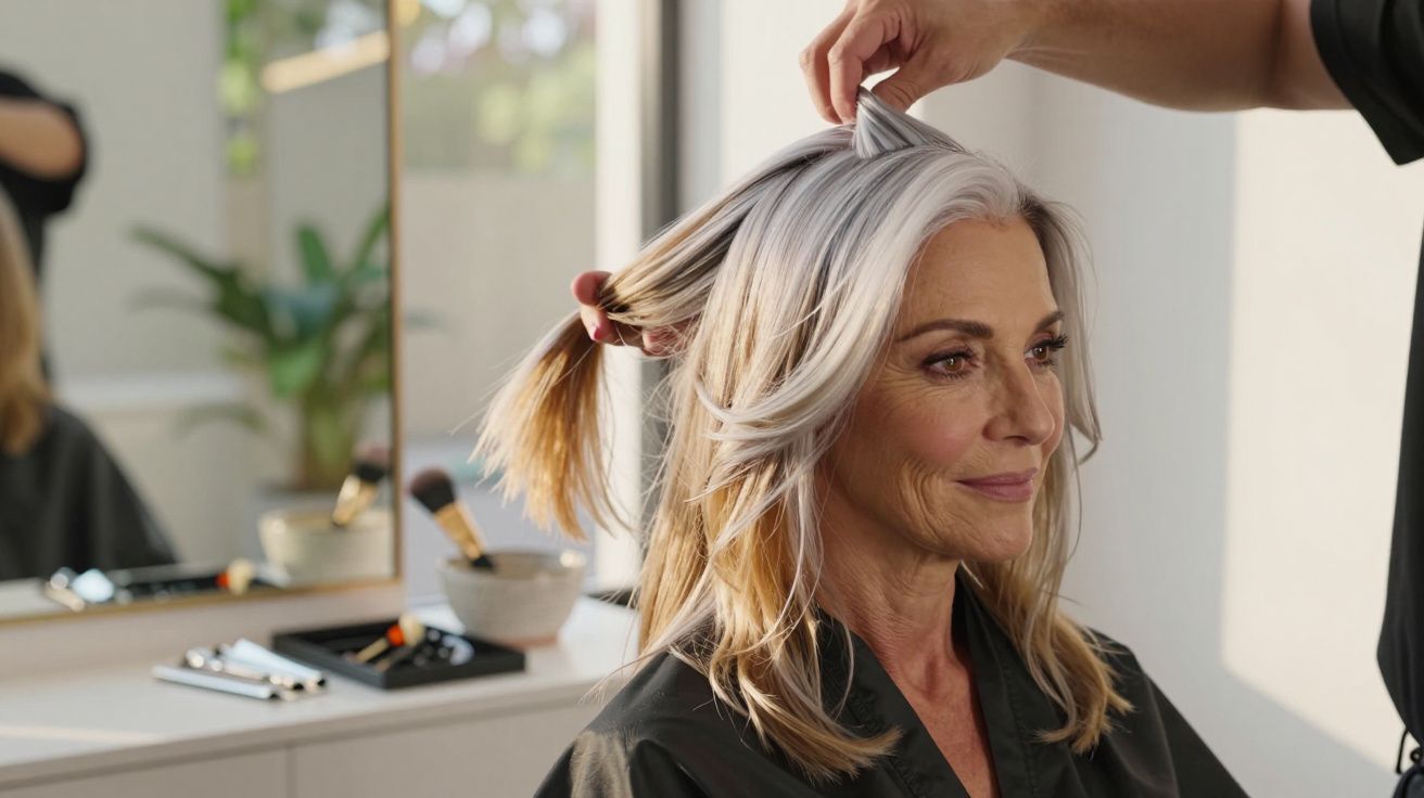 Mulher de cabelo grisalho em salão de cabeleireiro, com espelho e produtos ao fundo, a ser penteada.