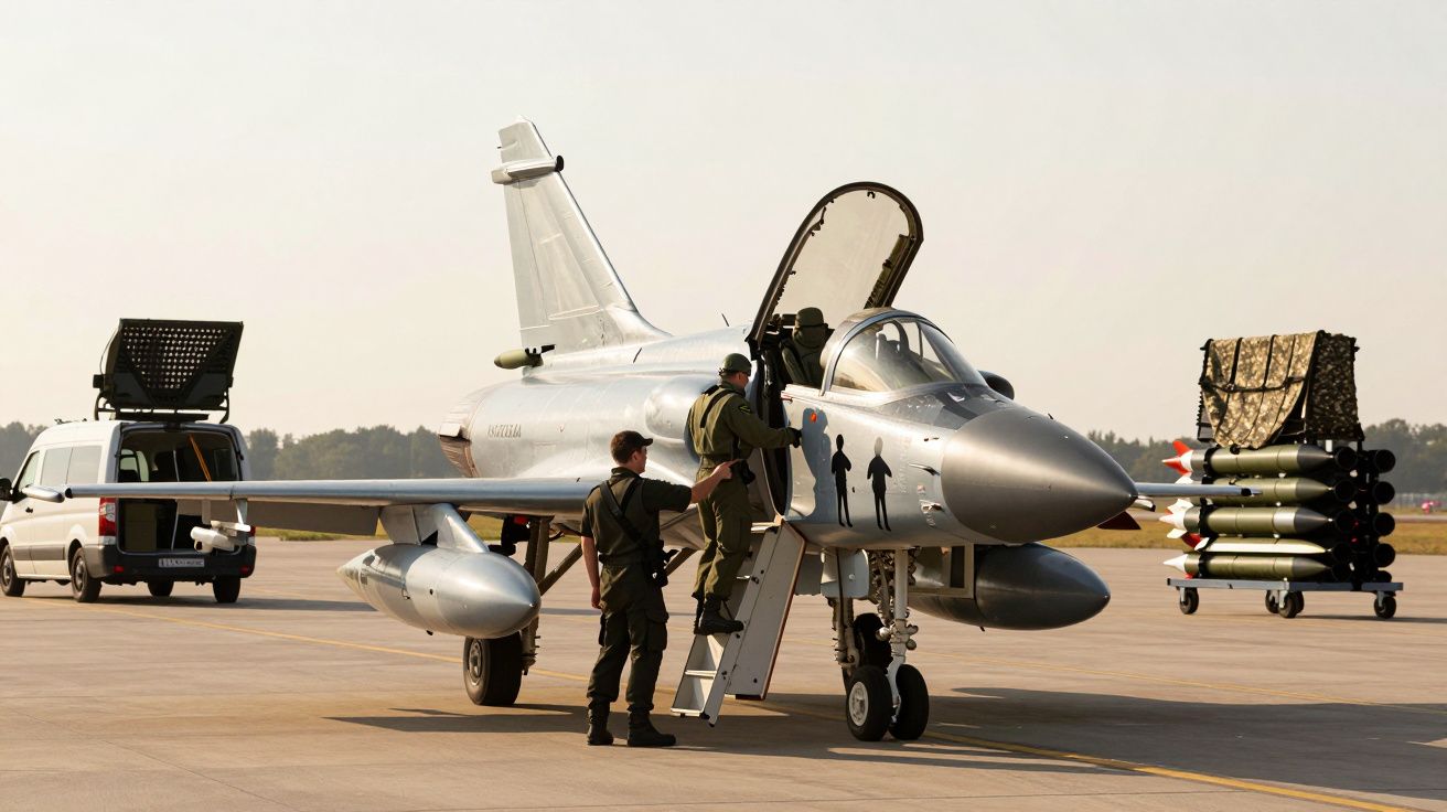 Pilotos junto a um caça no aeroporto, com veículo de apoio e munições ao fundo.