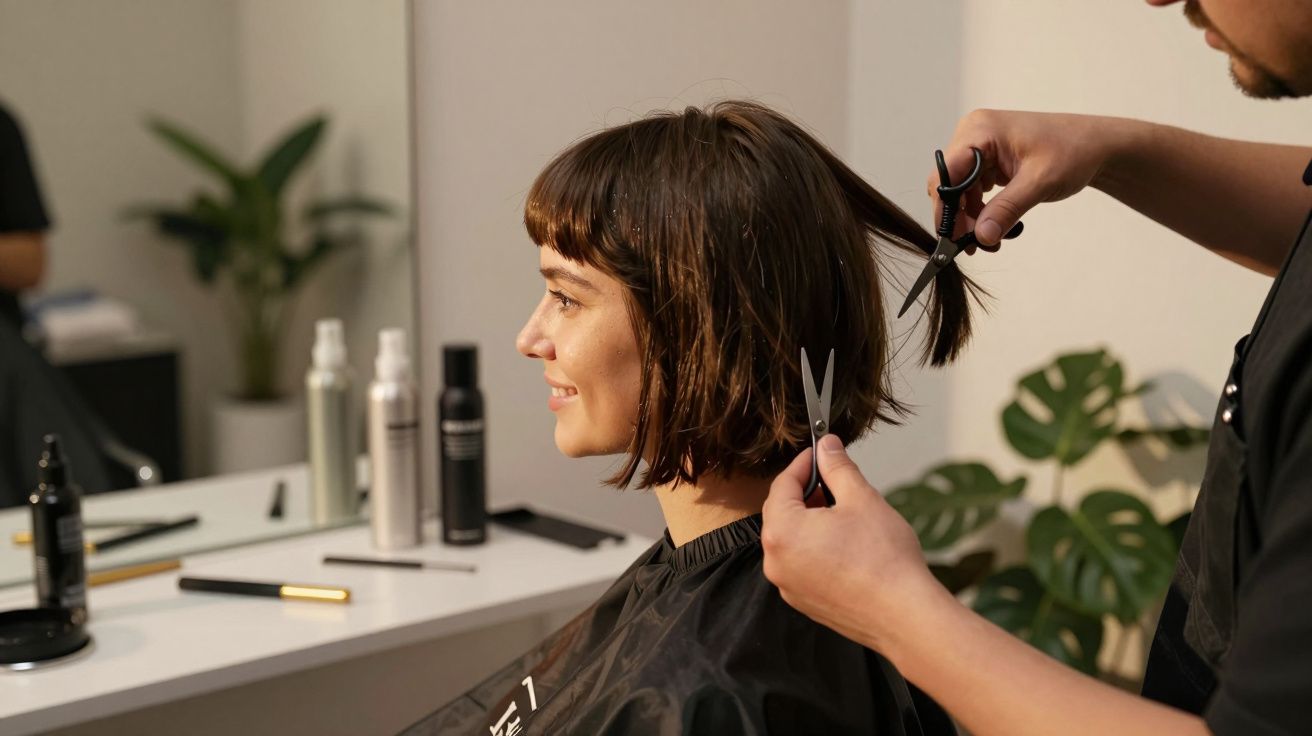 Mulher a sorrir enquanto cabeleireiro corta o cabelo curto num salão moderno.