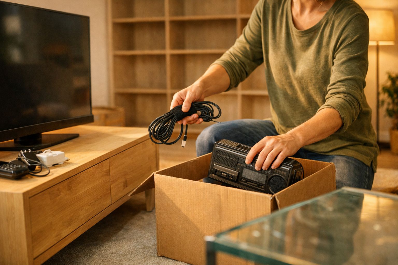 Mulher ajustando televisão na sala, com caixa de ferramentas e rádio ao fundo.