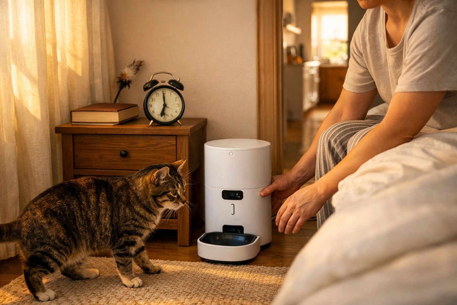 Mulher em pijama coloca ração numa tigela, ao lado de distribuidor de comida e gato de pêlo curto em balcão de cozinha.