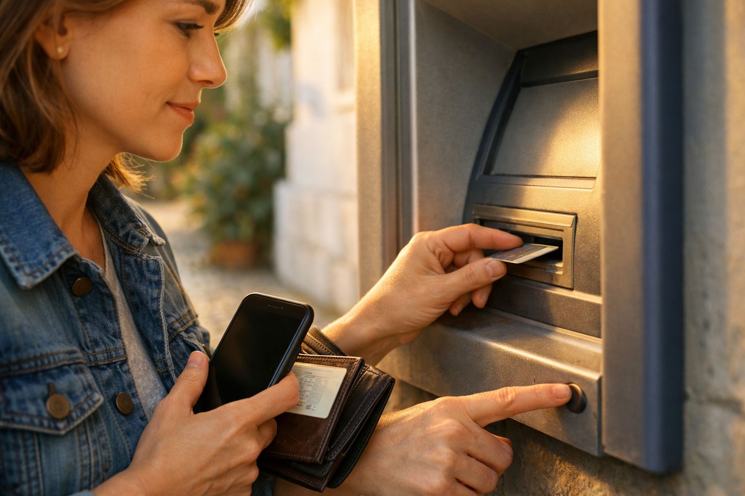 Mulher inserindo cartão de crédito num multibanco, segurando um telemóvel e carteira, ao pôr do sol.