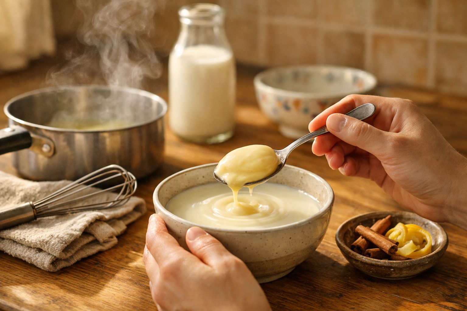 Pessoa segurando uma colher de creme numa tigela, com utensílios e ingredientes de cozinha ao fundo.
