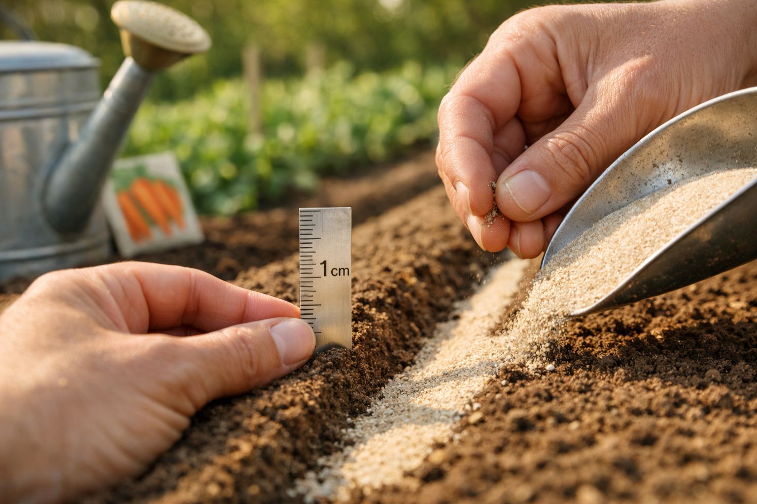 Mãos medindo e plantando sementes em solo fértil, com regador e embalagens de sementes ao fundo.