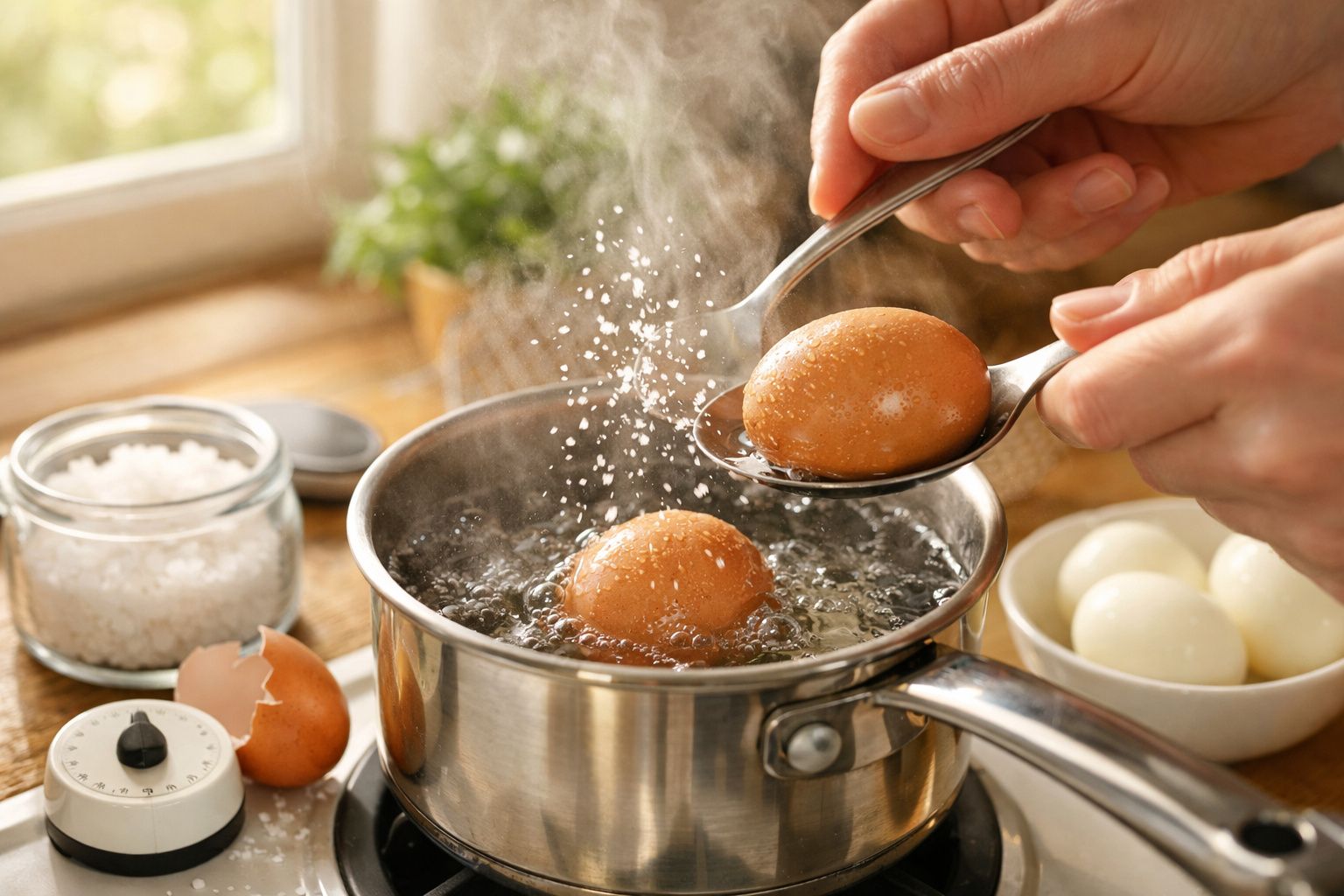 Mãos colocando um ovo numa panela com água a ferver, ao lado de um prato com ovos cozidos e um frasco de sal.
