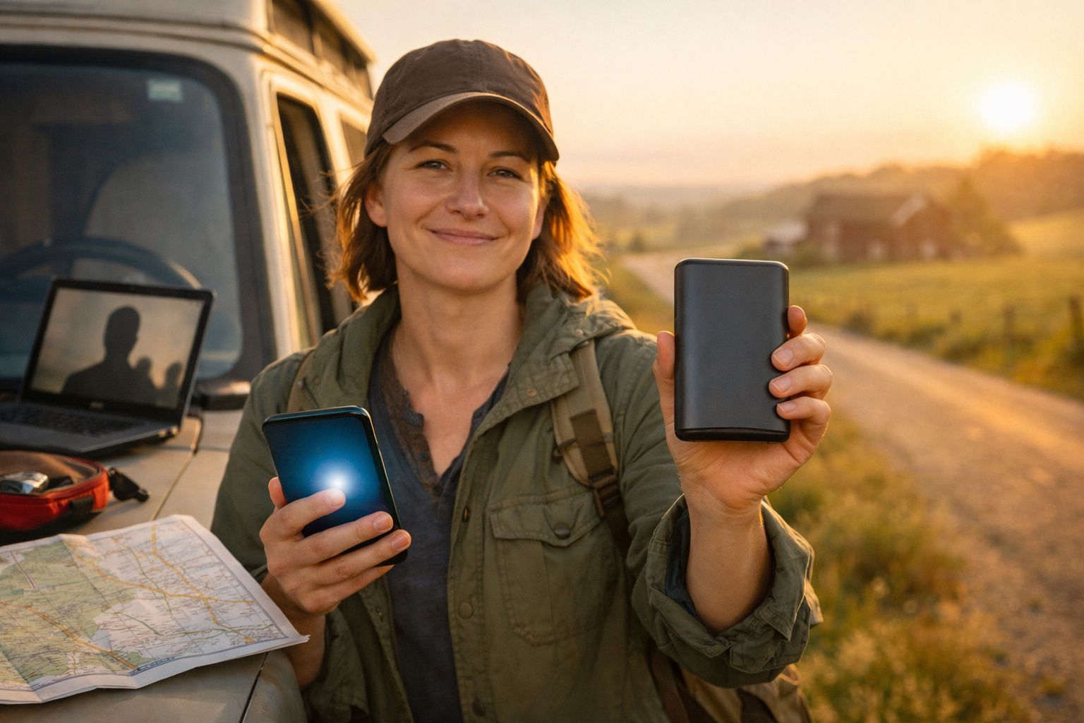 Mulher ao ar livre segurando um telemóvel e um power bank, com paisagem rural ao fundo.