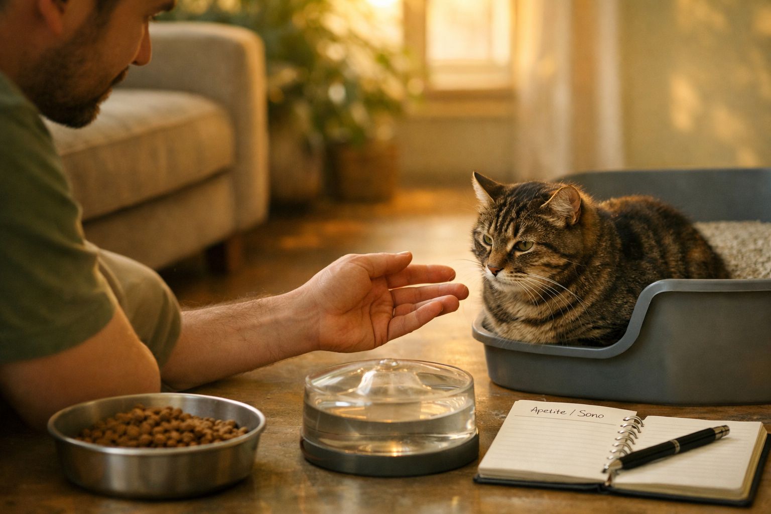 Homem interage com um gato numa caixa de areia, com tigelas de ração e água ao lado e um bloco de notas na mesa.