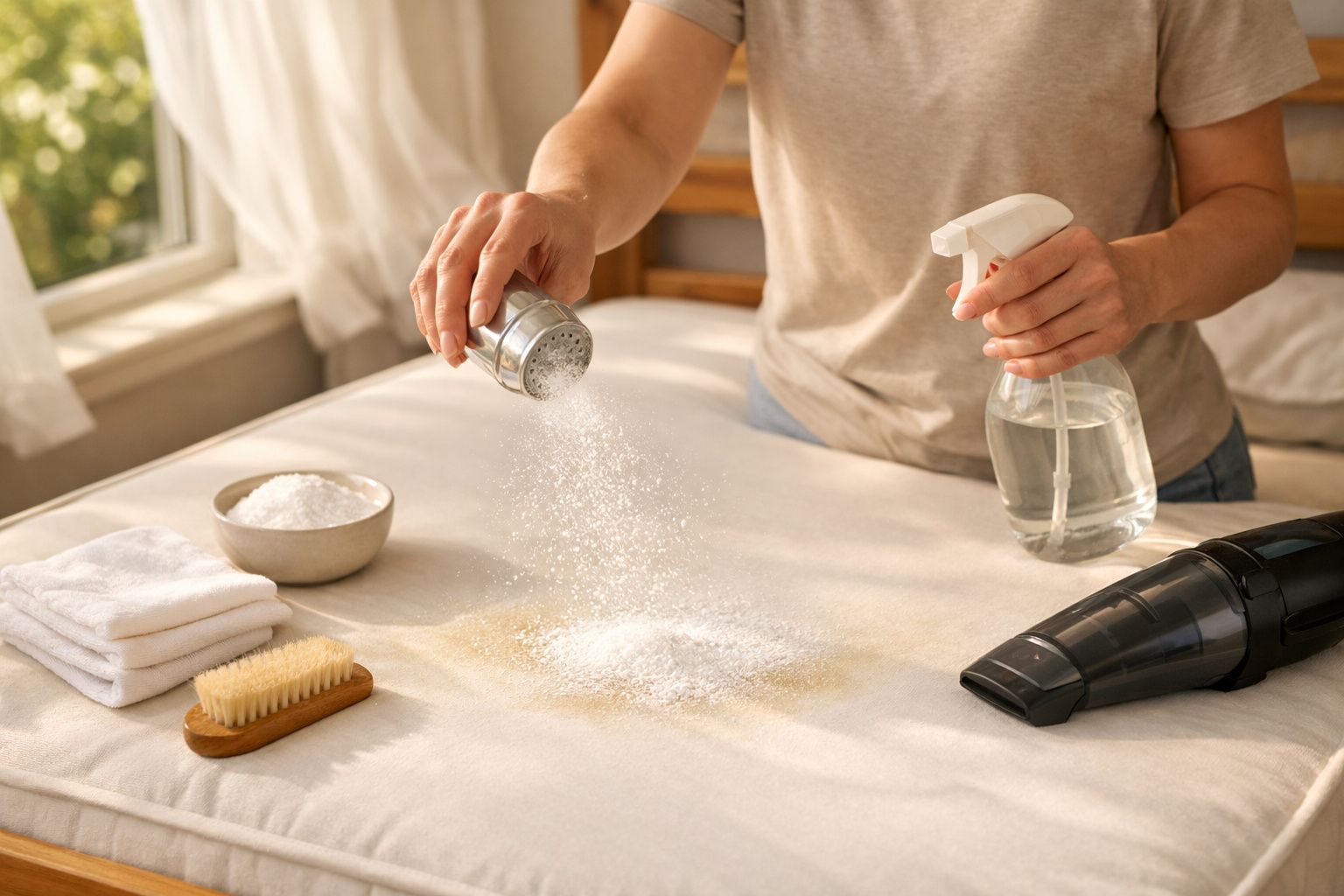 Pessoa limpar colchão com bicarbonato de sódio ao lado de toalhas, uma taça e um borrifador numa mesa de madeira.