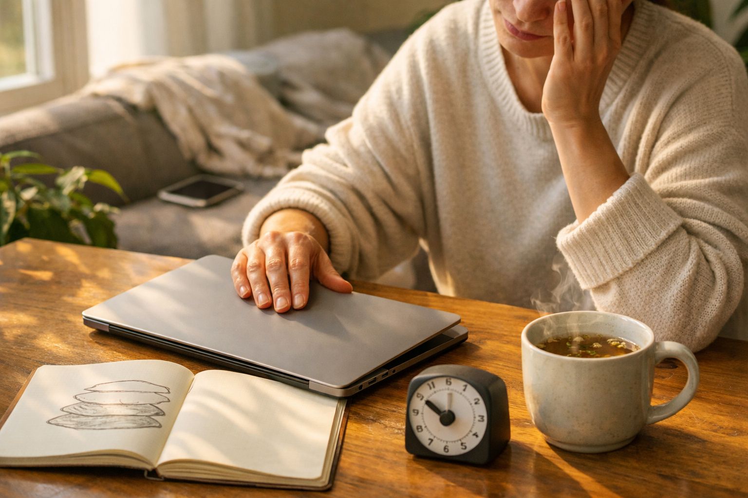 Mesa de madeira com chávena de chá, portátil fechado, bloco de notas com desenho e despertador. Pessoa sentada ao fundo.
