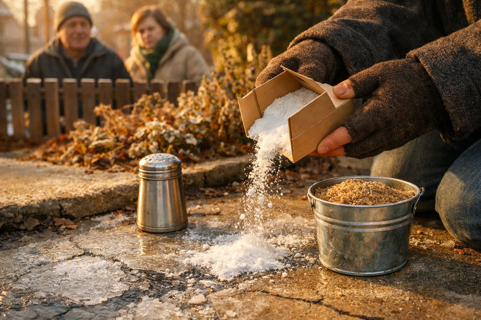 Mãos com luvas a derramar sal sobre gelo no chão, com um balde de areia ao lado e pessoas ao fundo.