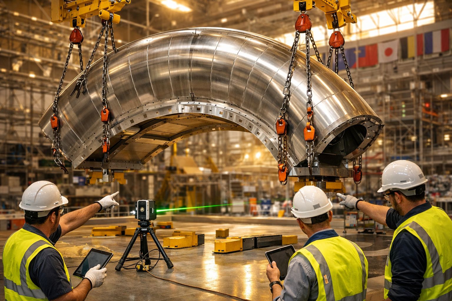 Trabalhadores de capacete e coletes visualizam peça metálica suspensa numa fábrica com laser verde e comprimidos.