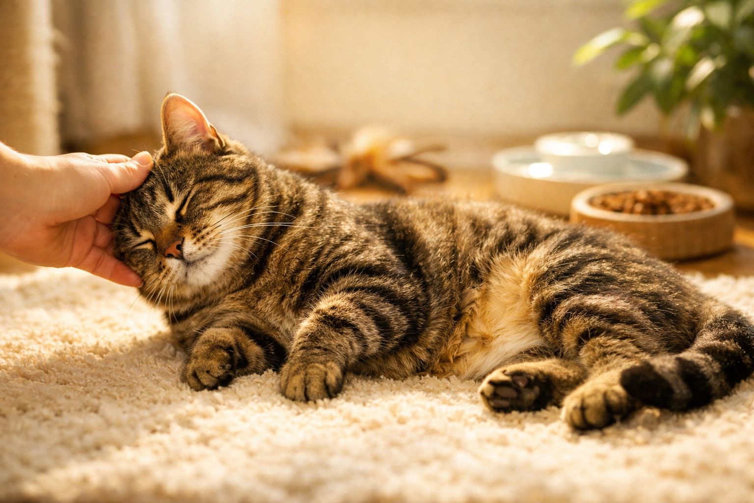 Gato malhado a dormir num sofá bege, próximo de uma mão prestes a acariciá-lo.