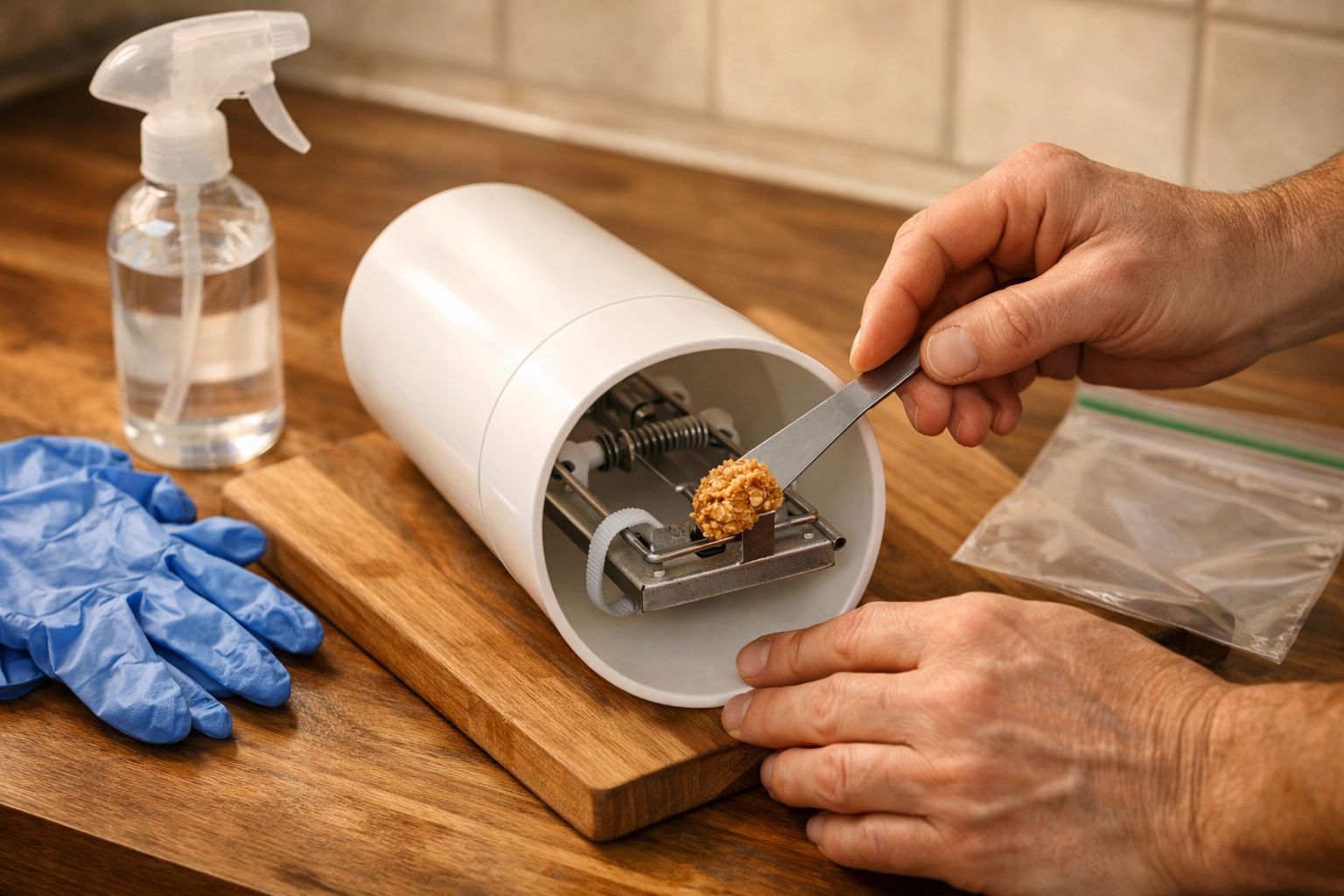 Mãos segurando pinça com comida num dispositivo cilíndrico, com luvas e borrifador ao lado sobre uma superfície de madeira.