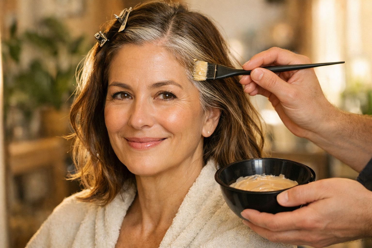 Mulher sorridente recebendo tinta de cabelo aplicada num salão, com o cabelo preso por grampos.