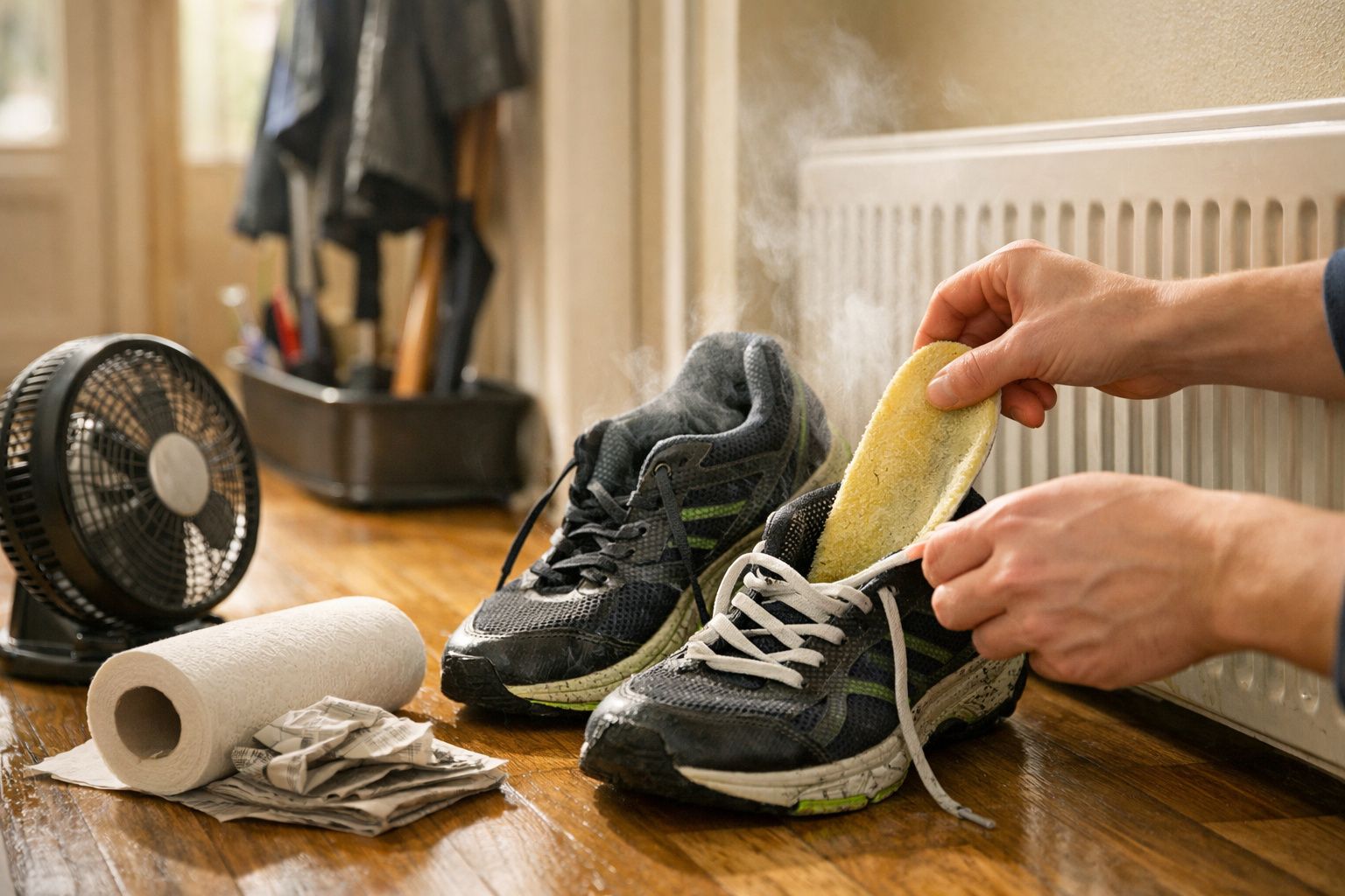 Pessoa a secar palmilhas de ténis húmidos junto a um aquecedor, com uma ventoinha e papel absorvente ao lado.