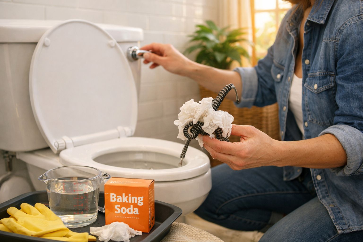 Pessoa desentupindo sanita com uma cobra de esgoto e bicarbonato de sódio, ao lado de um copo de água.