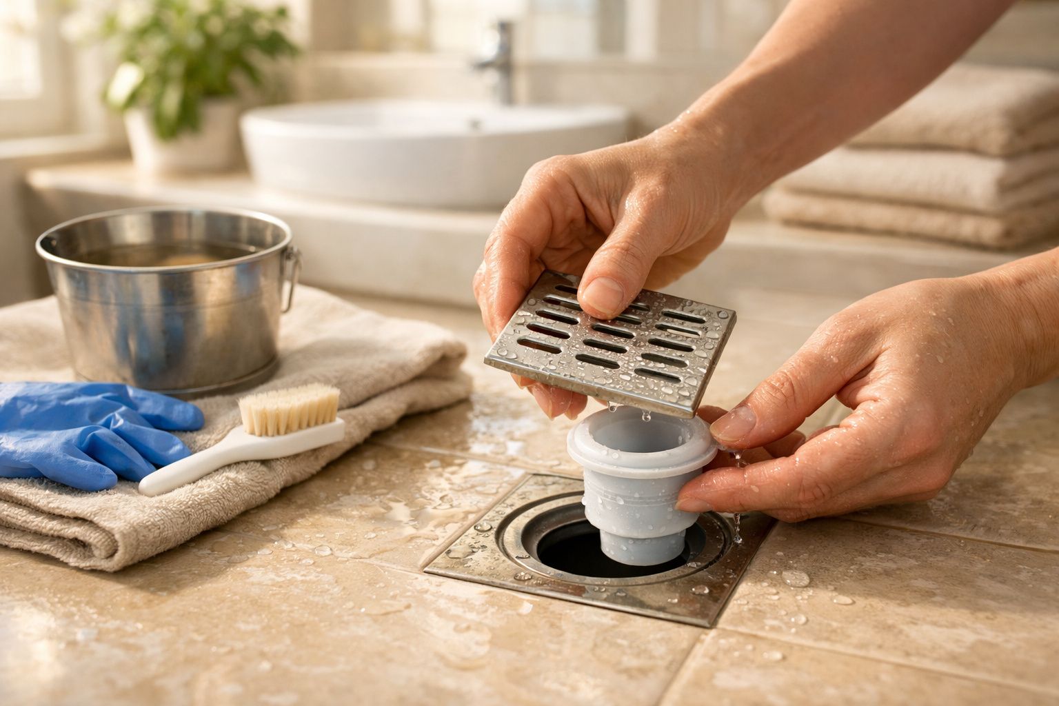 Pessoa repara cano em lavatório, usando luvas e uma chave inglesa, com balde de água ao lado.