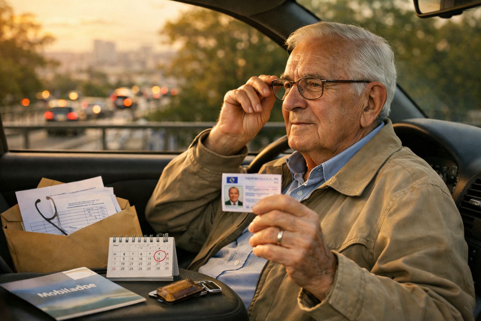 Homem idoso num carro a ajustar os óculos, segurando um cartão, com documentos e calendário no banco ao lado.
