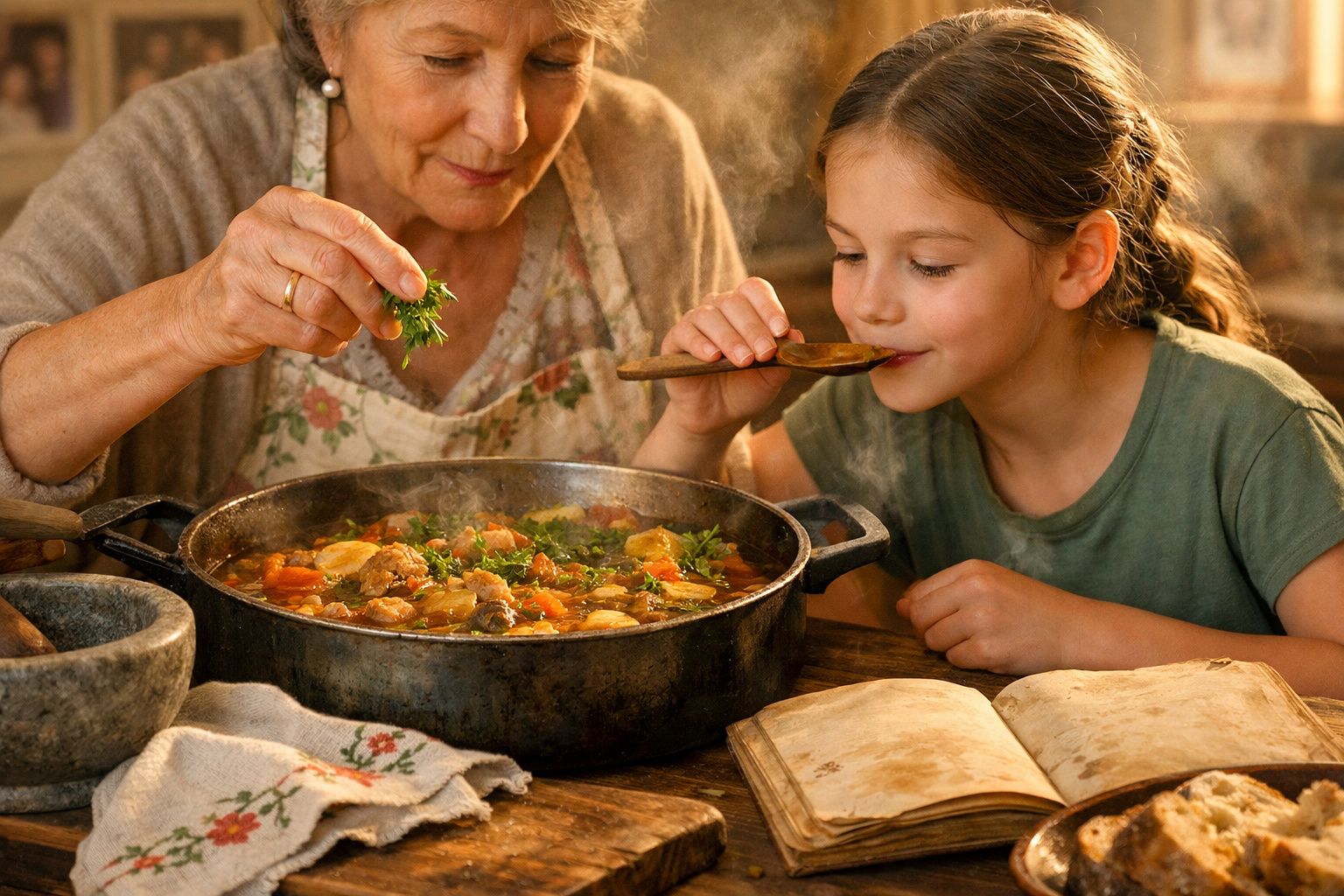 Avó e neta a cozinhar juntas, mexendo e provando sopa aromática numa panela grande, com livros de receitas ao lado.