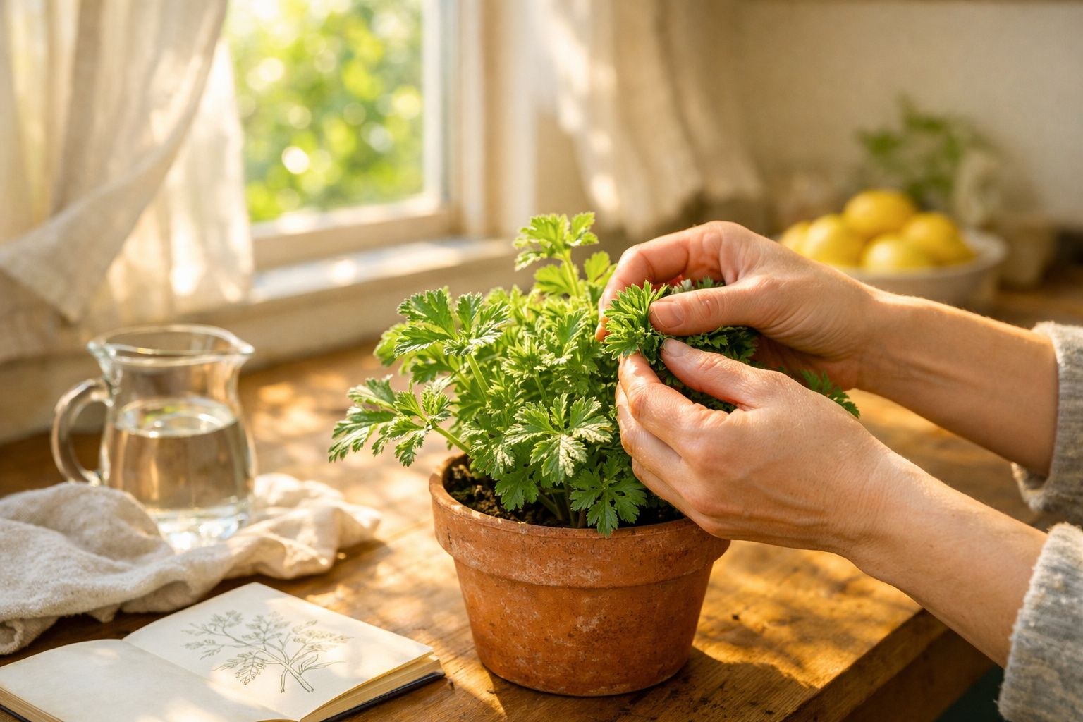 Mãos cuidam de planta num vaso de barro em cima de uma mesa de madeira, ao lado de uma janela com limões ao fundo.