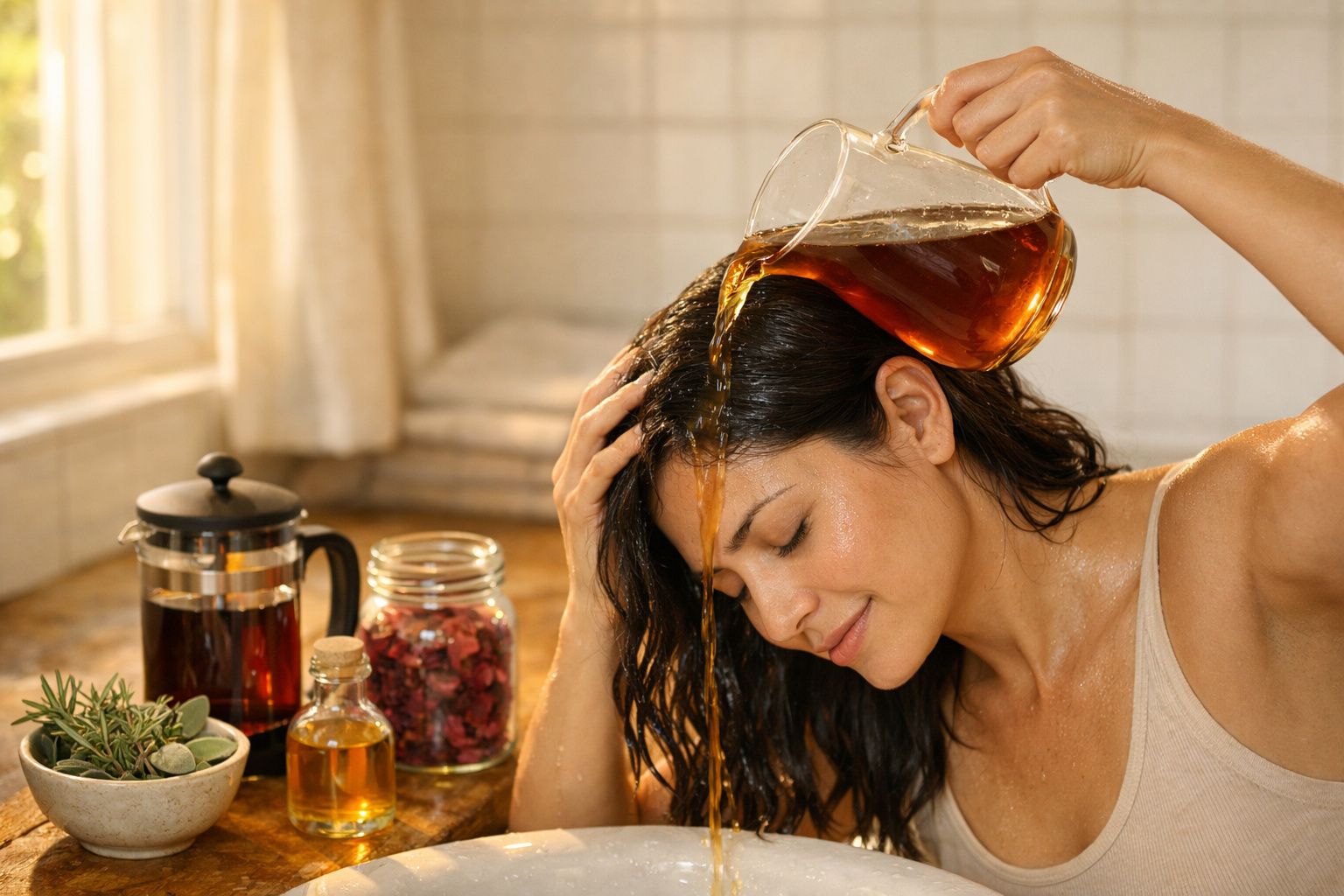 Pessoa lavando o cabelo na pia com chá. Ao lado, ingredientes naturais como ervas e óleos em frascos e tigelas.